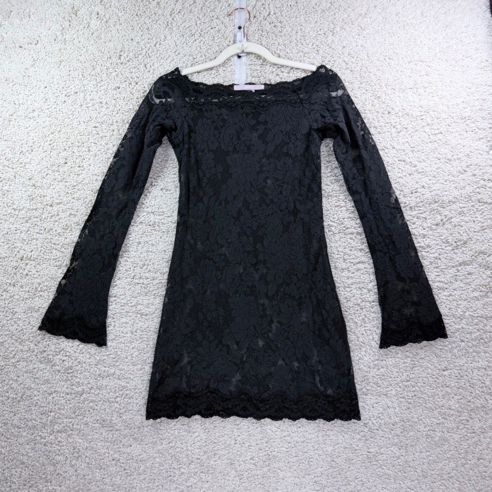 Womens Small Victorias Secret Lace Mini Dress Black Sheer Off Shoulder Bell